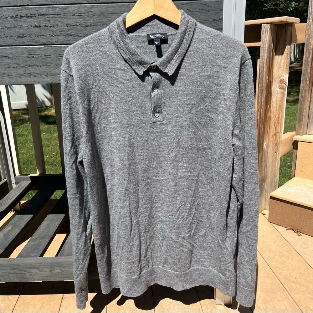 Express Men’s Charcoal Gray Merino Wool Blend Long Sleeve Polo Sweater Size XL